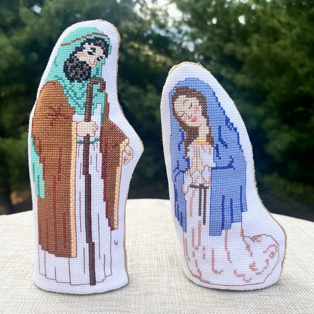 Christmas Nativity Set Crosstitch Stuffed Weighted Mary Joseph Baby Jesus Sheep